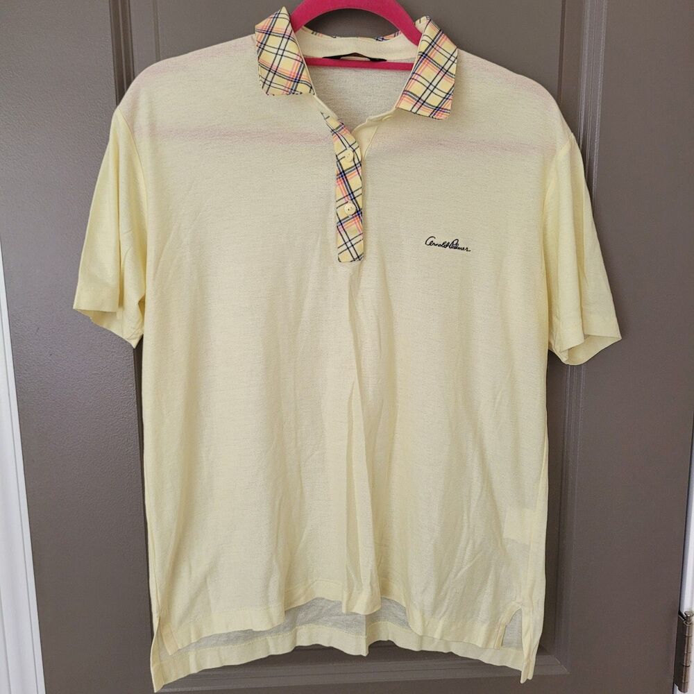 Vintage Arnold Palmer Umbrella Polo Shirt 95 Yellow Plaid Collar Korea *Flaws